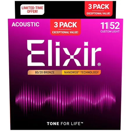 Elixir Nanoweb Bronz 3’lü Paket Akustik Gitar Teli (11-52)