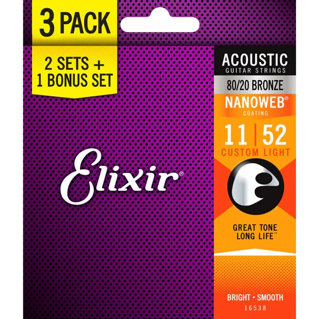Elixir 16538 Nanoweb Bronz Light 3'lü Akustik Gitar Teli (11-52)
